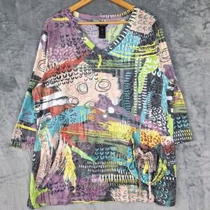 Ali Miles Top Womens XL Artsy Art To Wear Abstract Lagenlook Unique Patchwork